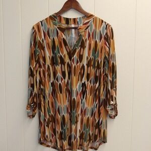 Dear Scarlett Abstract Print Button‎ Down Blouse Lightweight Top Size L /#6336
